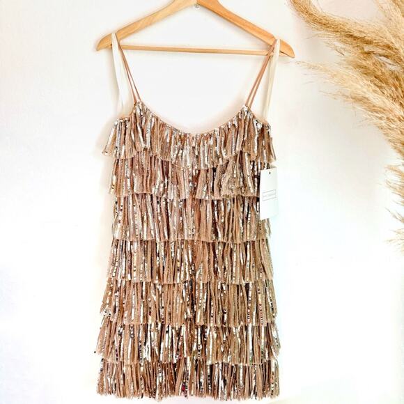 NEW MAC DUGGAL Silver Sequin Fringe Tiered Tank Ruffle Beige $698 Mini Dress 2 - Picture 2 of 13